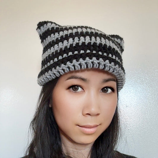 Crochet Striped Cat Ear Beanie Gray and Black Kitty Hat