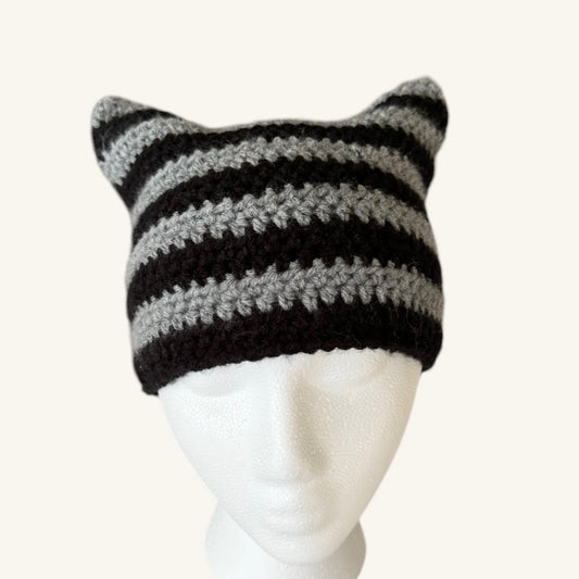 Gray and Black Stripe Crochet Cat Ear Beanie