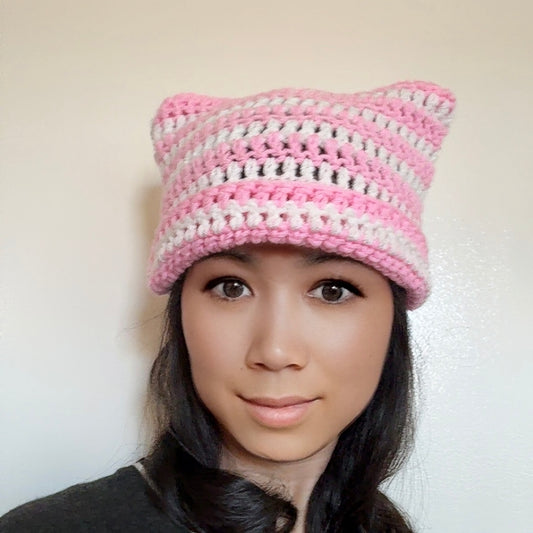 Crochet Oversized Pink and White Cat Ear Beanie Kitty Hat