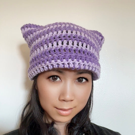 Crochet Oversized Purple Cat Ear Beanie Kitty Hat