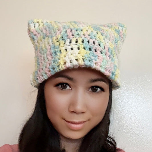 Crochet Oversized Pastel Rainbow Cat Ear Beanie Kitty Hat