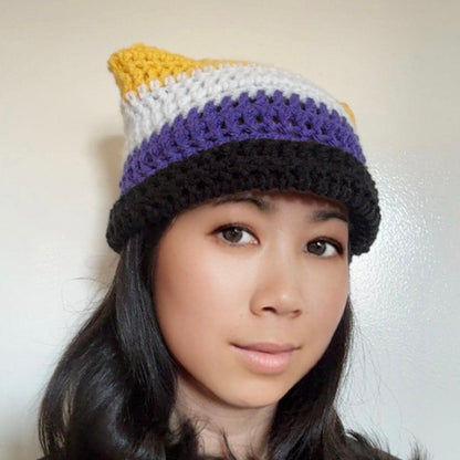 Nonbinary Pride Flag Crochet Cat Ear Beanie